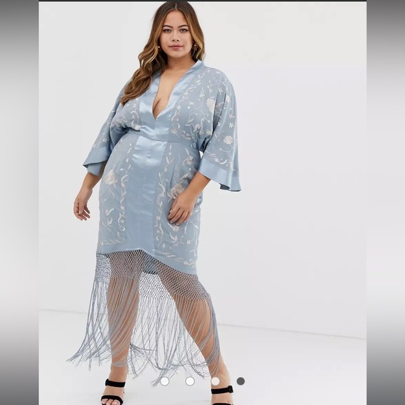 ASOS Curve Dresses & Skirts - NWT Asos Curve Blue satin and Embroidered Fringe Dress